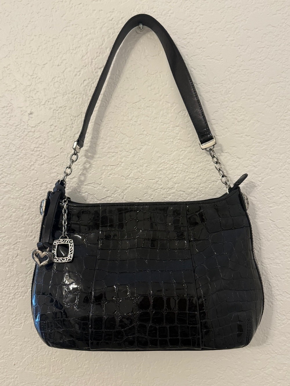 Brighton Black Croc Embossed Patent Leather Shoulder Handbag Heart Charm
